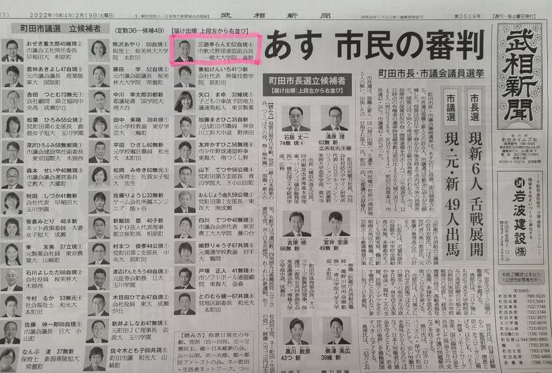 ２月１９日付け発行 武相新聞 町田市議選 立候補者欄 右上段に三遊亭らん丈が掲載されております 三遊亭らん丈 サンユウテイランジョウ 選挙ドットコム